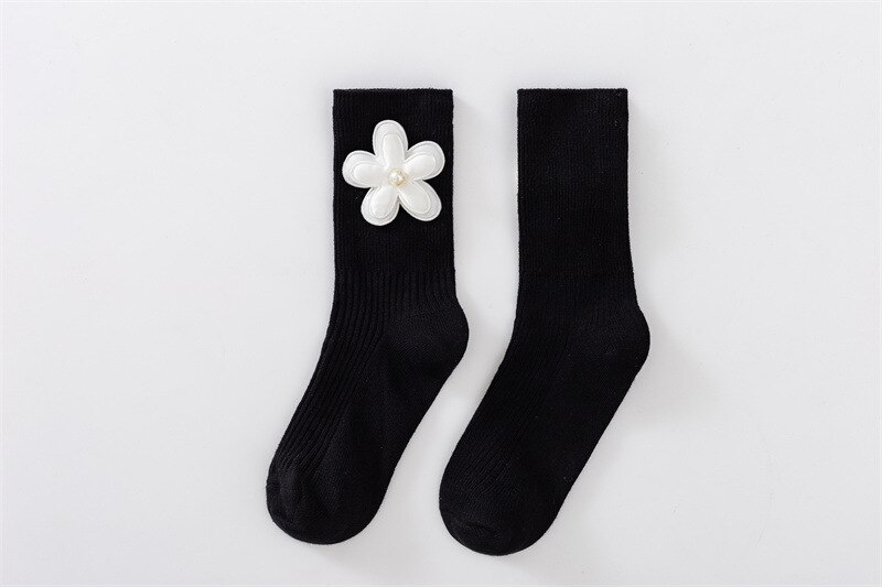 Sweet Baby Child Girls calze a tubo centrale nere con fiore 3D Floret calzini per bambini accessori moda 1-3-4-6-7-10 anni primavera: 2 / 7-10Years