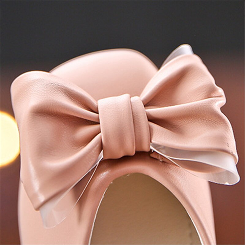 Children Bow High Heel Leather Shoes Princess Pointed Toe Kids White Wedding Shoe Sweet Toddler Causal Moccasins