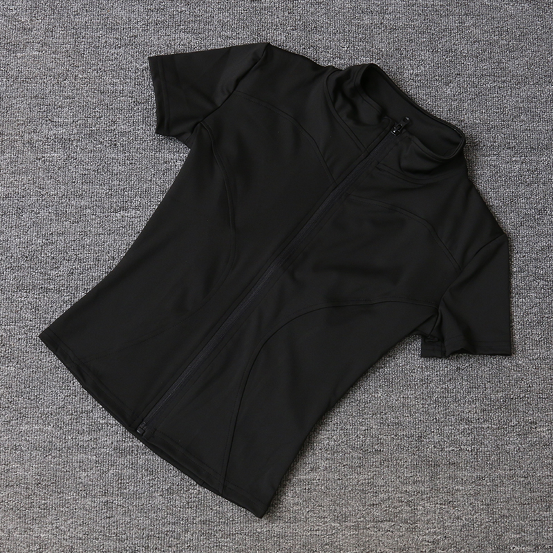 Sommer Taille Abnehmen Ausbildung Spitzen frauen Schnell trocknend Engen Stehkragen Voll Reißverschluss Kurzen Ärmeln Yoga Hemden: XL / Schwarz