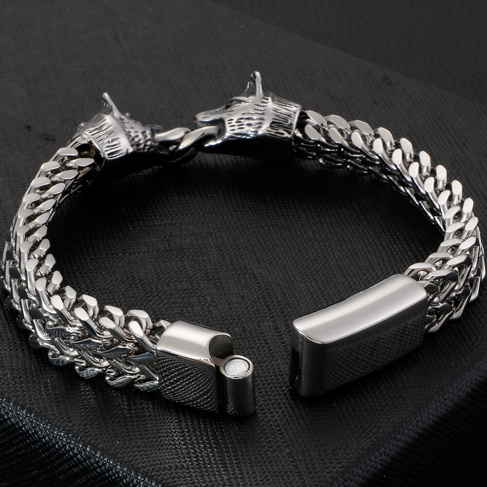 Vikings Biker Jewelry Stainless Steel Double Wolf Head Franco Link Curb Chain Bracelet For Men With Magnet Clasp 12MM Wide 22CM