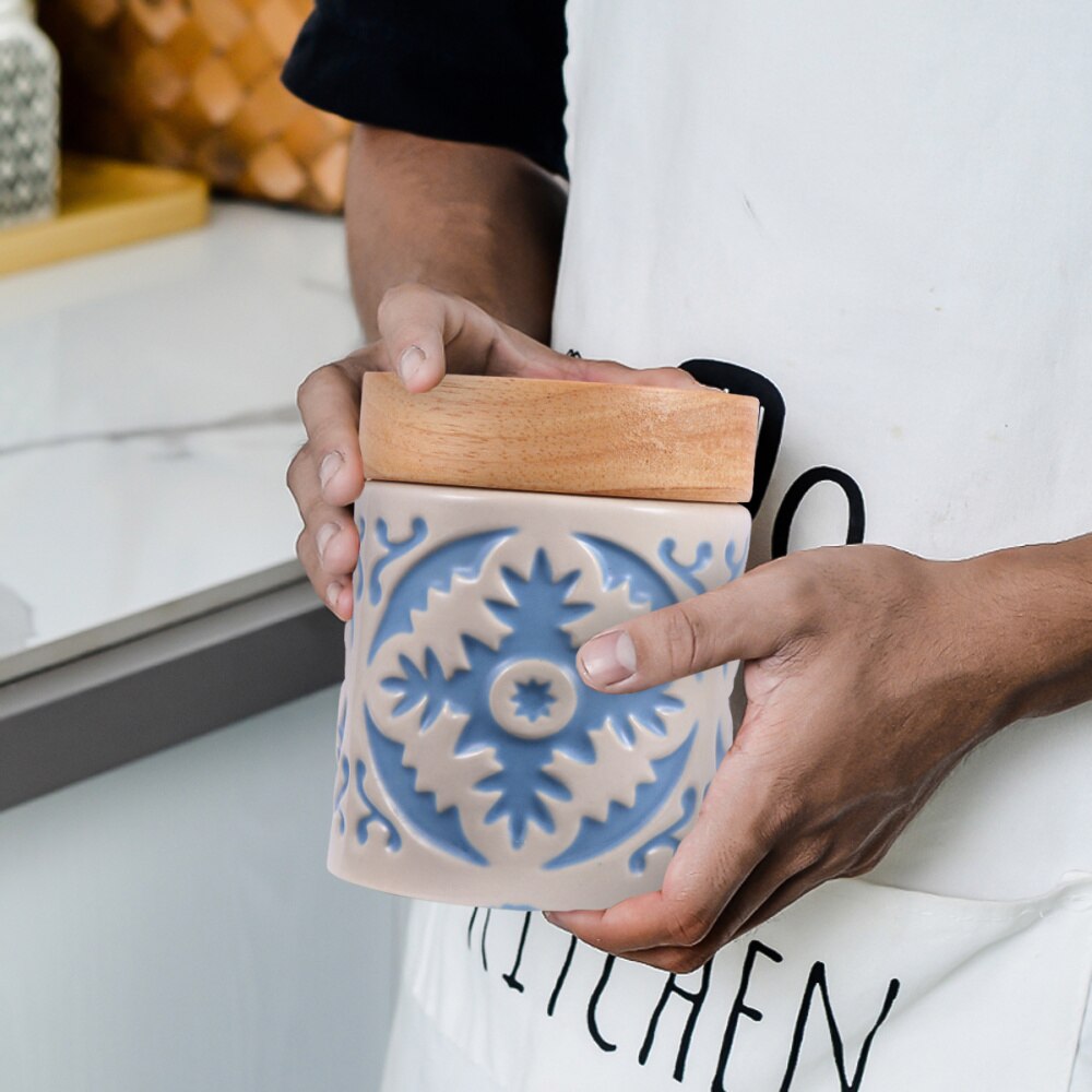 Ceramic Grain Canister Food Kitchen Sealed Storage Container Empty Storage Jar Dried Fruit Jar with Wooden Lid (Red): Blue