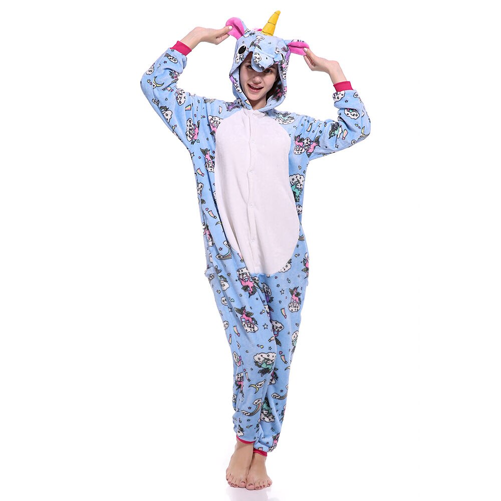 Botón azul unicornio Pegasus disfraz de pijama mono con capucha niños mono niños Kigurumi de las mujeres ropa de dormir Pijamas