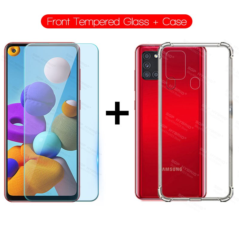 Lente de cámara 3 en 1, cristal protector para Samsung Galaxy A21s A21 s A 21 s SM-A217F/DSN SM-A217F/DS, funda de silicona suave de TPU transparente: Front Glass and Case