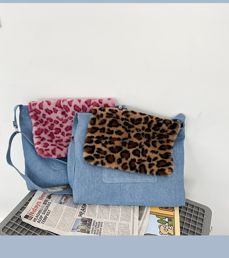 Tassen Vrouwen Vrouwen Mode Denim Schoudertas Grote Capaciteit Luipaard Zebra Print Pluche Messenger Bag dames Bolsos