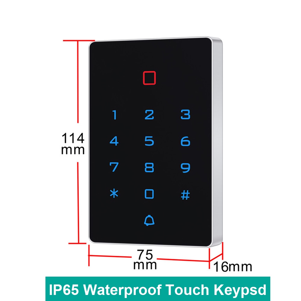 Vandtæt  ip65 berøringsskærm 125 khz rfid-kort adgangskontrol tastatur em kortlæser dørlåsåbner wiegand 26 baggrundslys