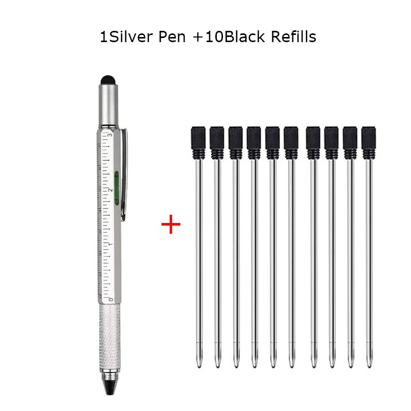 6 In 1 Multi Tool Pen Multifunction Screwdriver Precision Ruler Caliper Ballpoint Pens for Phone Touch Creativity Level Meter: 1 Silver 10 BlackInk