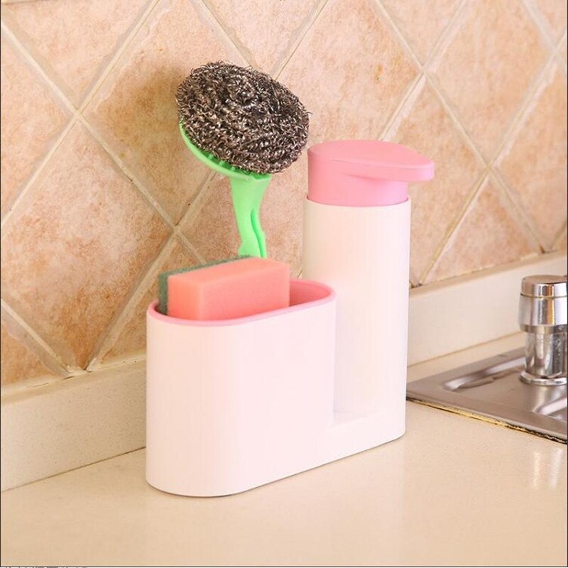 Push Zeepdispenser Pomp Spons Caddy Keuken 2-In-1 Handpers Zeepdispenser Met Was