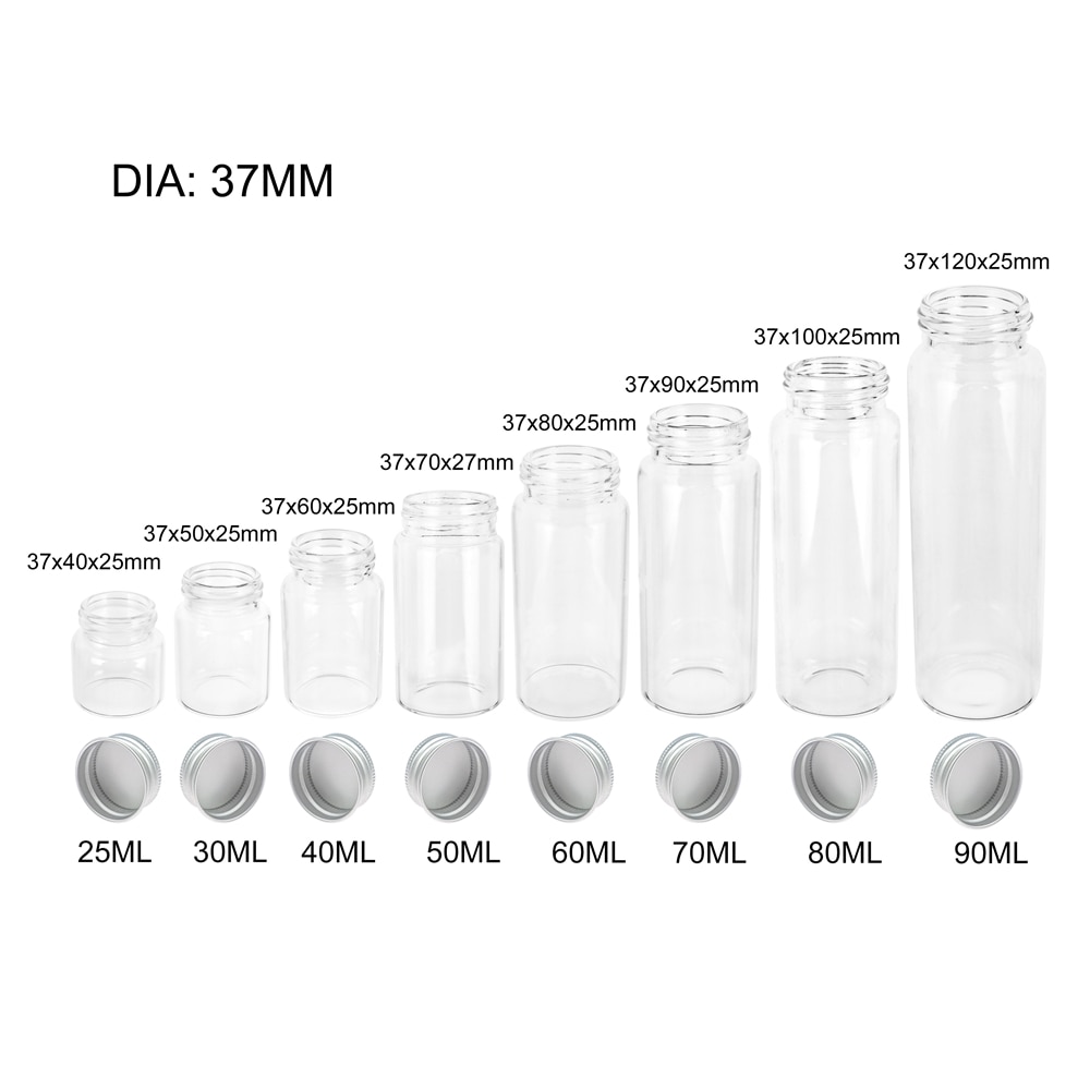 6Pc 25Ml 30Ml 40Ml 50Ml 60Ml 70Ml 80Ml 90Ml Mini Glas clear Fles Met Zilveren Schroef Aluminium Cap Voedsel Container Potten Flesjes