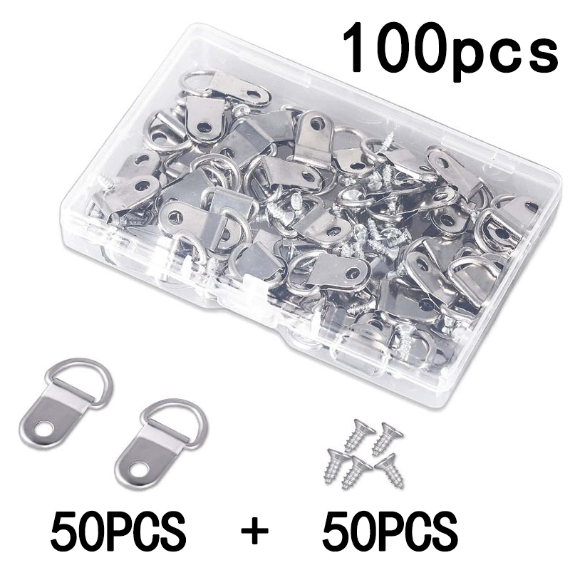100Pcs Oil Painting Mirror Picture Frame Hanger, Round D Ring Buckle, Photo Wall Hook With Screws