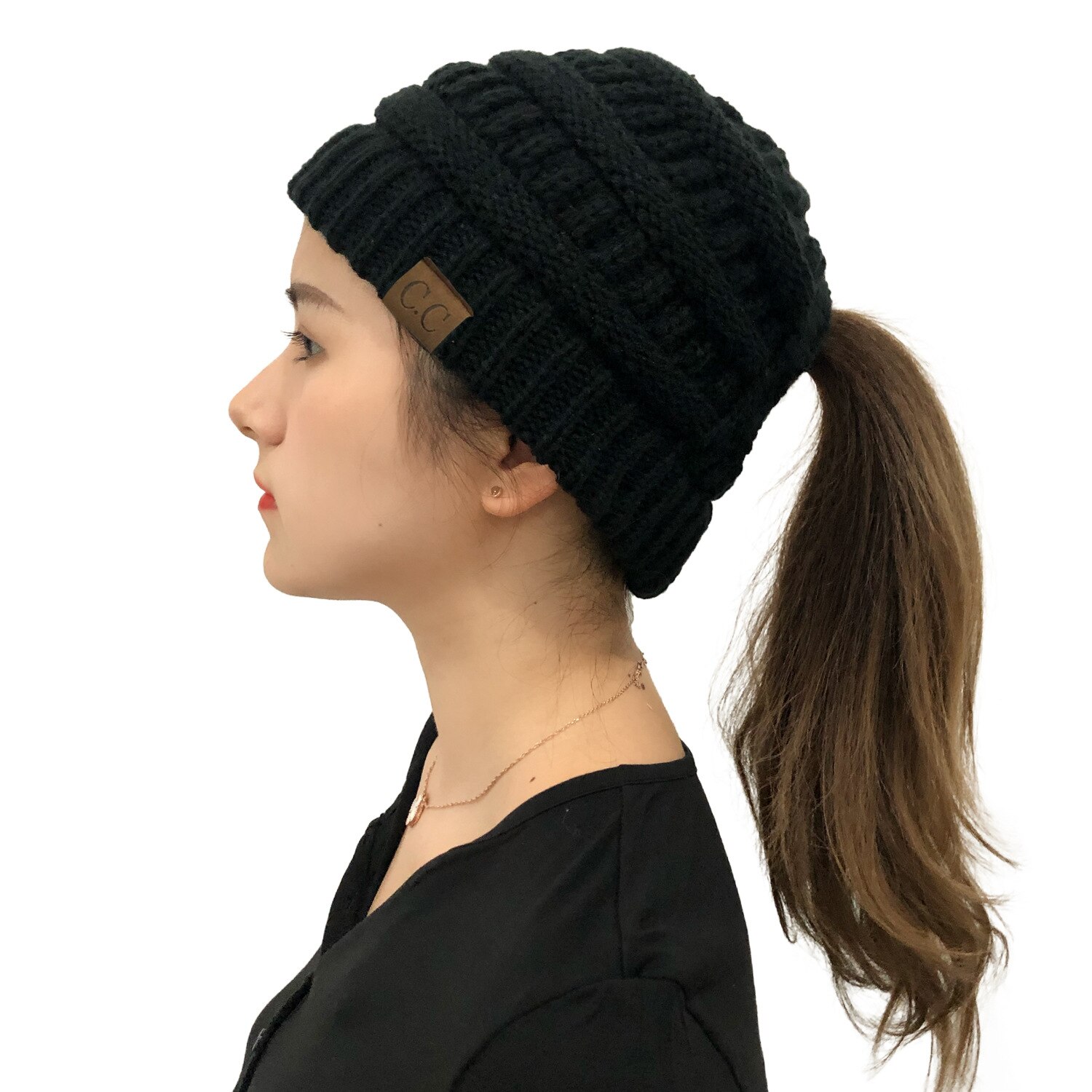 Winter Hats For Women Pompom CC Beanie Horsetail Caps Cross Criss Ponytail Hat Girls Warm Knitted Thick Outdoor Ski Cap: Black