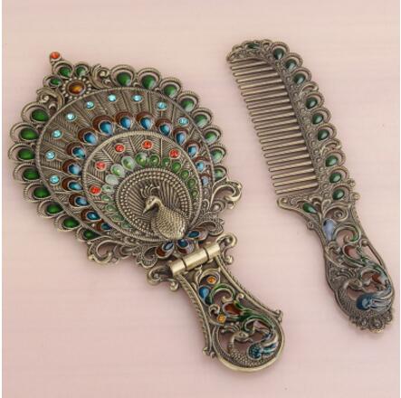 Europen-Espejos de mano con marco de metal antiguo para mujer, espejos pequeños de bolsillo, Espejos decorativos, , J047: S4