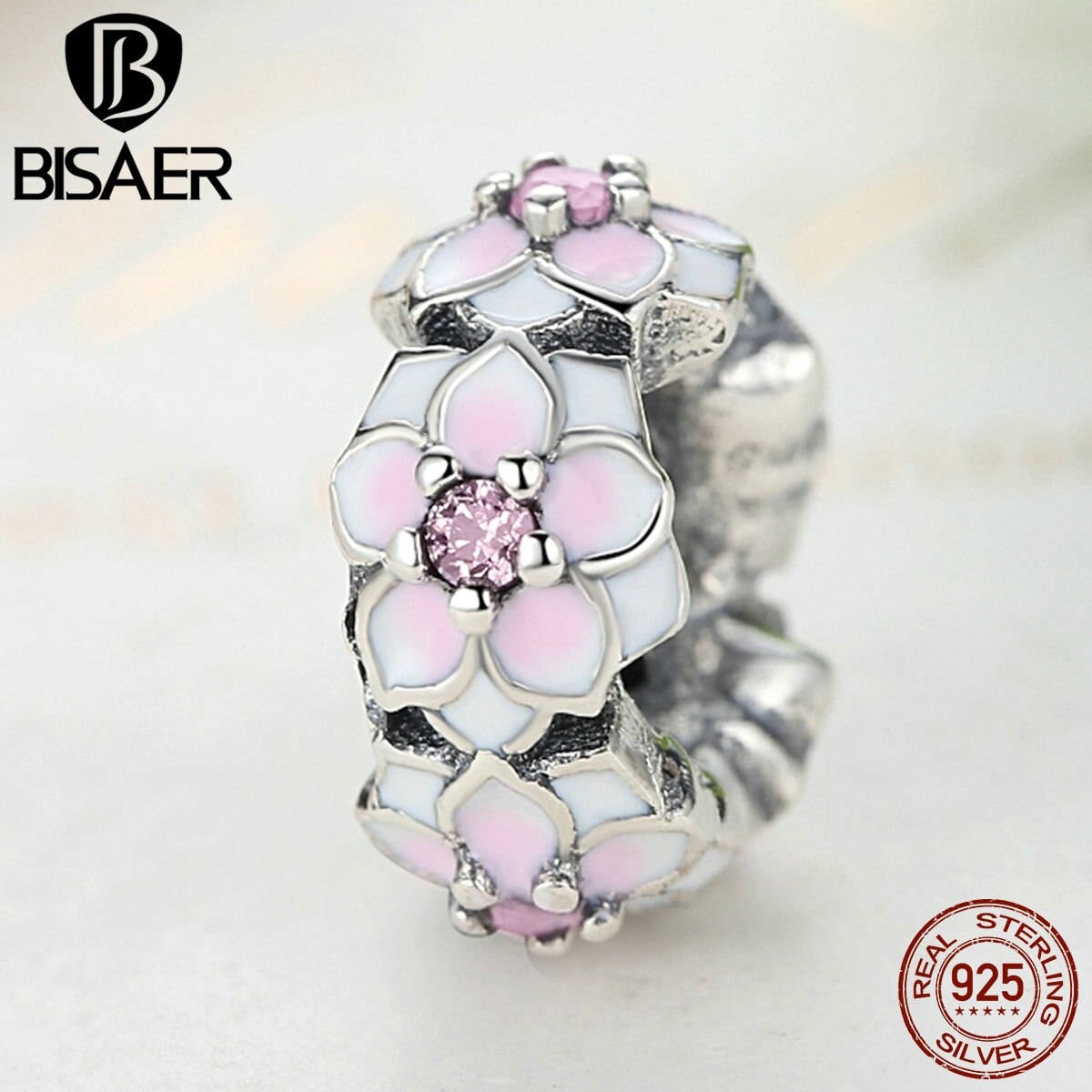 925 Sterling Silber Magnolie Blüte cerise Emaille Rosa Blume Charme Perlen passen für BISAER Armbänder DIY Schmuck Machen Abstandshalter