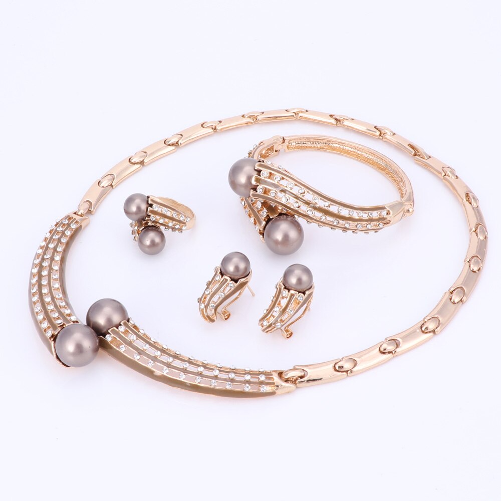 Mærke smykker sæt guld farve smykker sæt kvinder bryllup tilbehør til kvinder simuleret perle krystal halskæde øreringe sæt: Brun