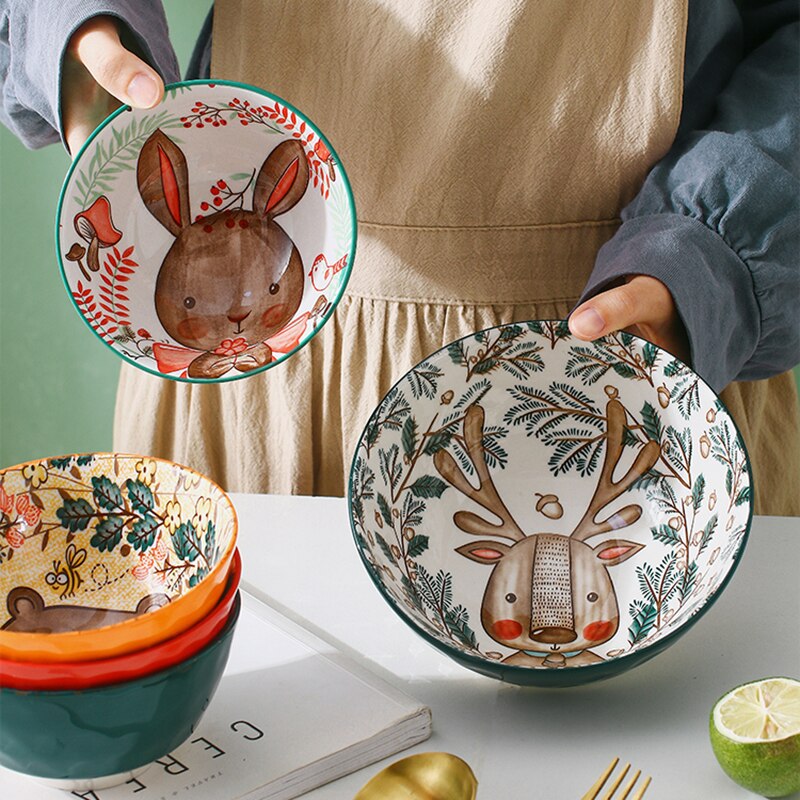 Bol de riz en céramique pour fille, bol de nouilles simple, mignon, coeur filet rouge, vaisselle créative pour enfants