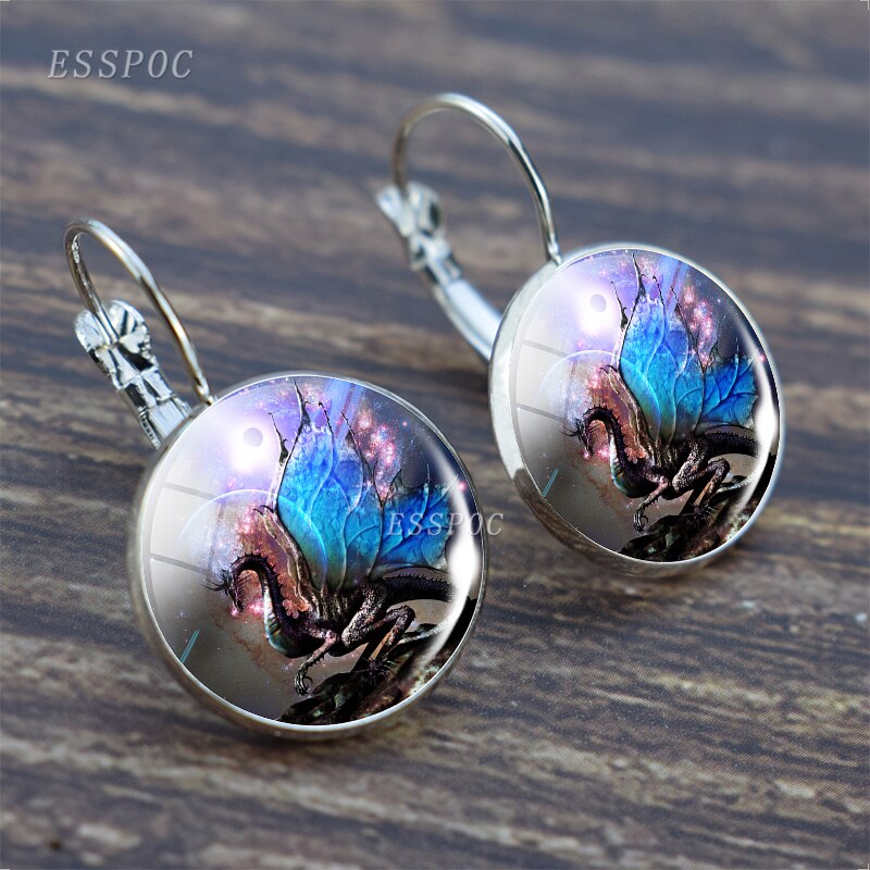 Pendientes de aro de para mujer, aretes de foto de dragón de Metal de Color plateado para mujer, de Navidad de vacaciones de , alas azules de dragón: 5