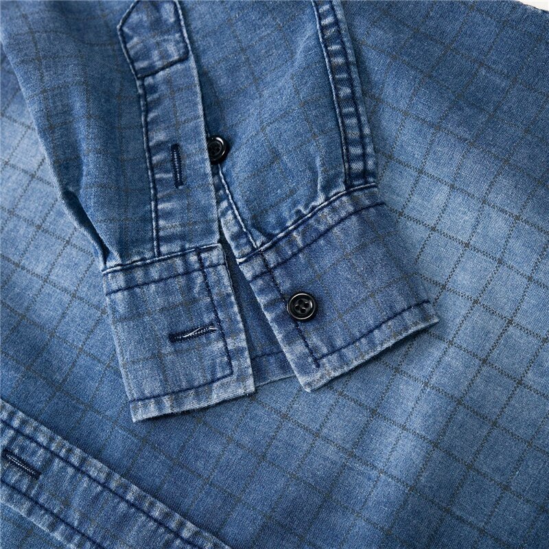 Forår sommer efterår denim jean skjorte bomuld vasket plaid ternet skjorte langærmede fritidsskjorter mandlige cowboy blåt tøj