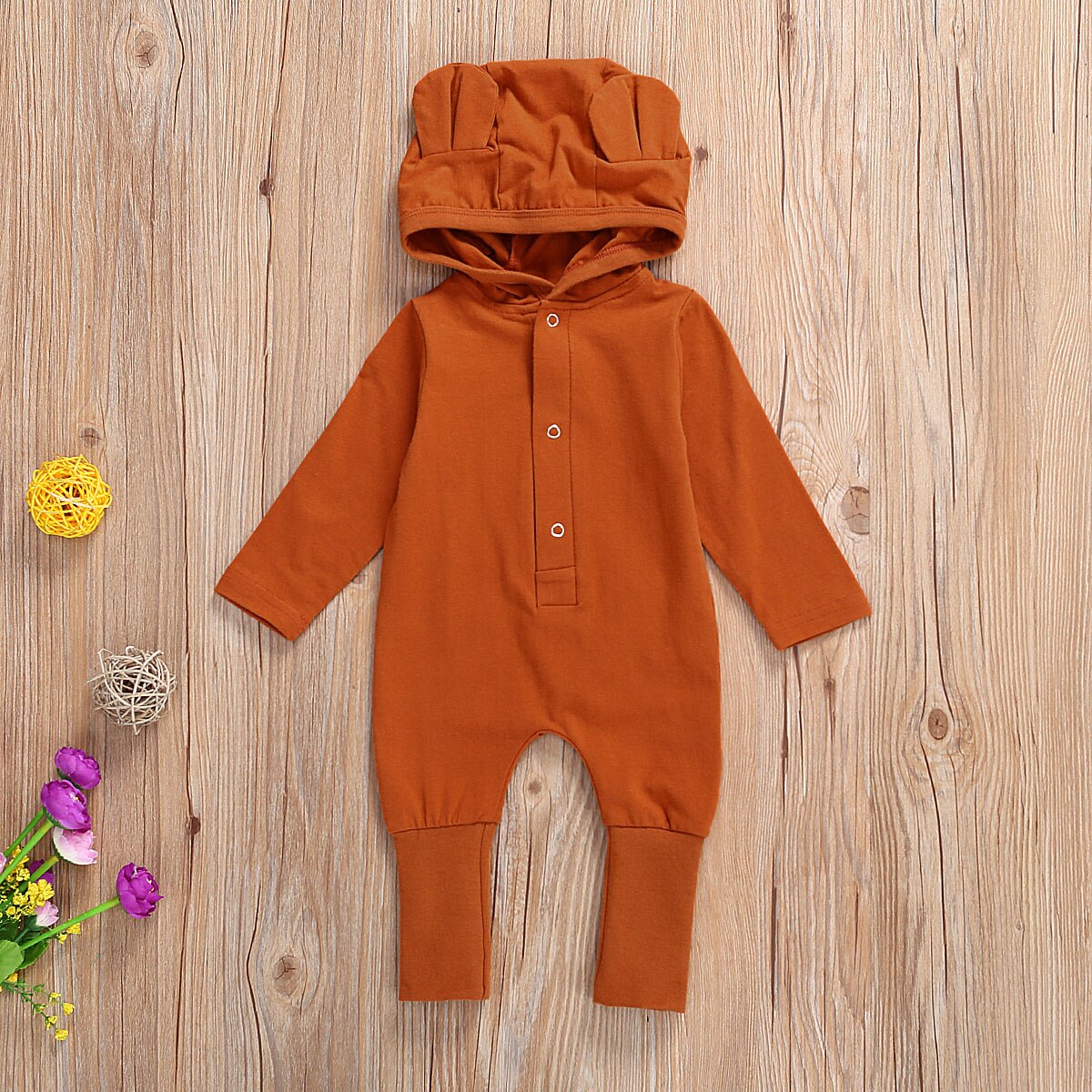 Leuke Baby Baby Lange Mouw Jumpsuit Herfst Mode Effen Kleur Single-Breasted Hooded Een Stuk Lange Cozy Ademende Kleding