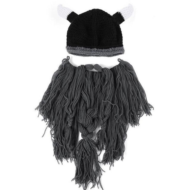 Men&#39;s Knit Viking Beard Horn Hat Crazy Ski Cap Barbarian Vagabond Beanie Halloween Winter Handmade Funny Hat + Beard: Gray