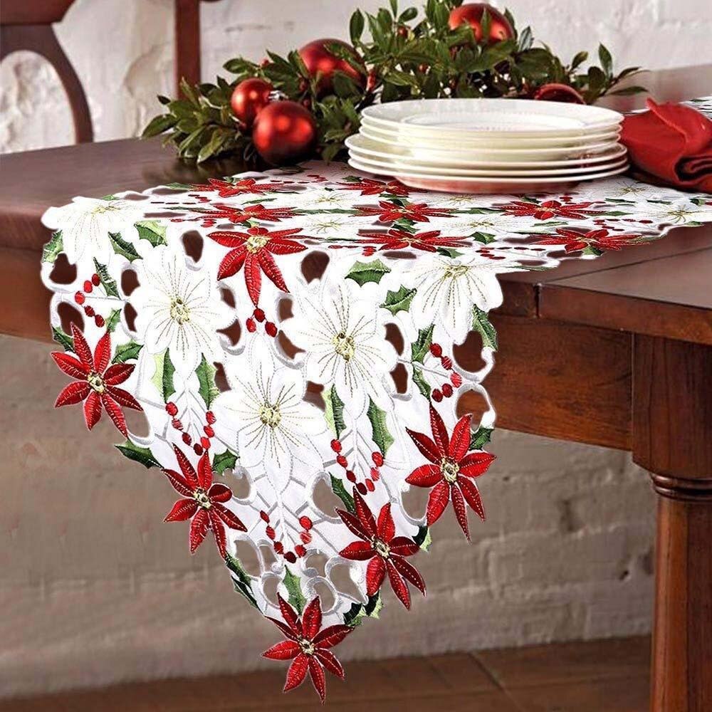 Christmas Embroidered Table Runner Poinsettia Holly Leaf Table Linens High Special Tablecloth Home Decoration