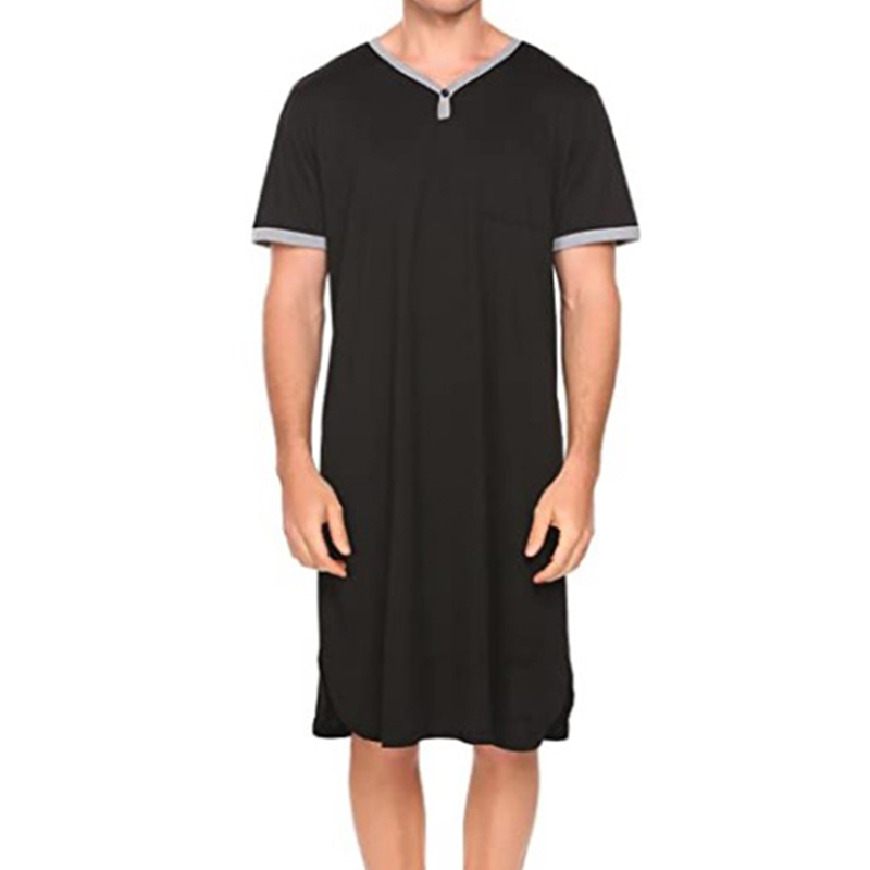 Pijamas de ocio alargados finos de manga corta para hombre, batas de algodón holgadas y amigables con la piel, albornoces para el hogar, camisón Vintage M-3XL: M / Negro