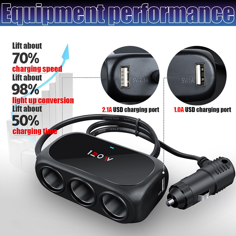 Encendedor de cigarrillos Universal de 120W, 12V, 24V, 3 vías, enchufe múltiple, cargador USB, adaptador Interior doble negro, divisor ABS, accesorio para coche
