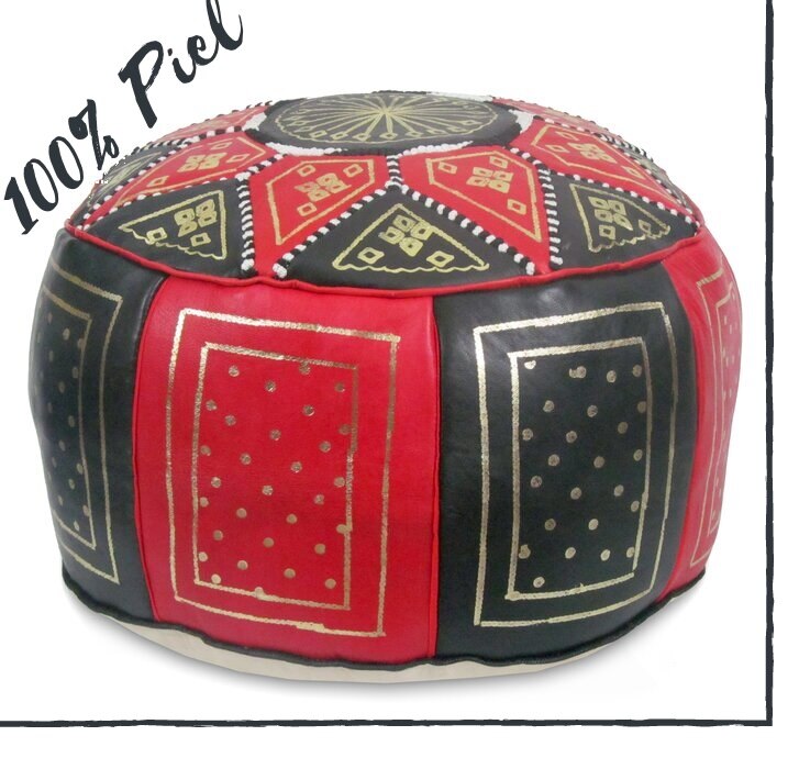 Puf Pouf Hecho a Mano en fès, Marrakech Cuero autentico SIN relleno: Negro y Rojo