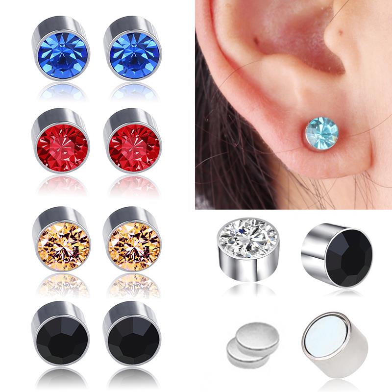 1 par kvinder mænd stærk magnetisk jern øreløse ingen piercing ørestikker rhinestone rustfrit stål magnet øreringe