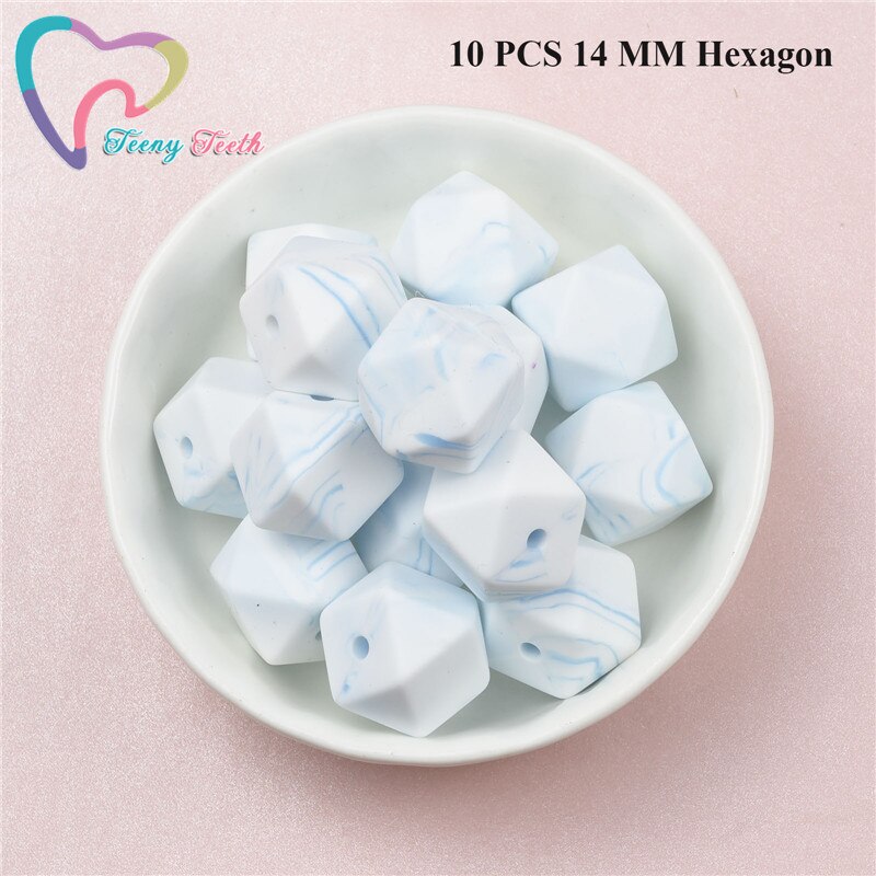 Teeny zęby 10 sztuk nowy marmur niebieski 12-15MM kulki silikonowe do ząbkowanie naszyjnik dziecko koraliki do żucia gryzak BPA bezpłatne luźne koraliki: 10 PCS 14 MM Hexagon