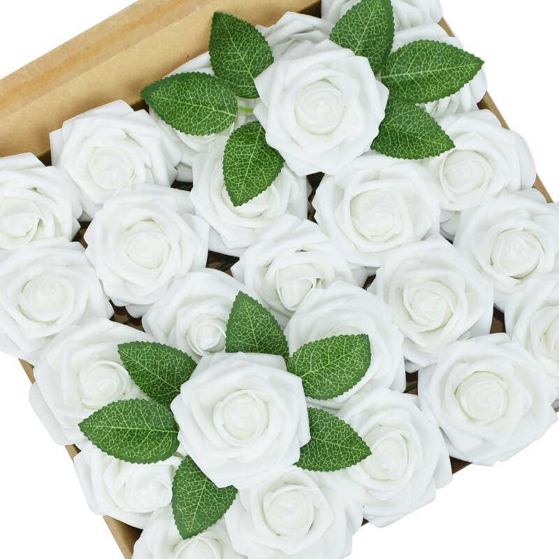 25 Pièces/boîte Mousse Artificielle Rose Fleurs avec des Feuilles Bouquets De Mariée De mariage De Décoration De Jardin de Partie Fausse Fleur BRICOLAGE Artisanat: white