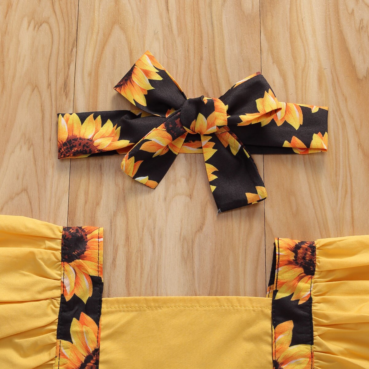 Infant Baby Girls Boys Sunflowers Bodysuits Ruffles Sleeve Print Summer Jumpsuits Headband 0-24M