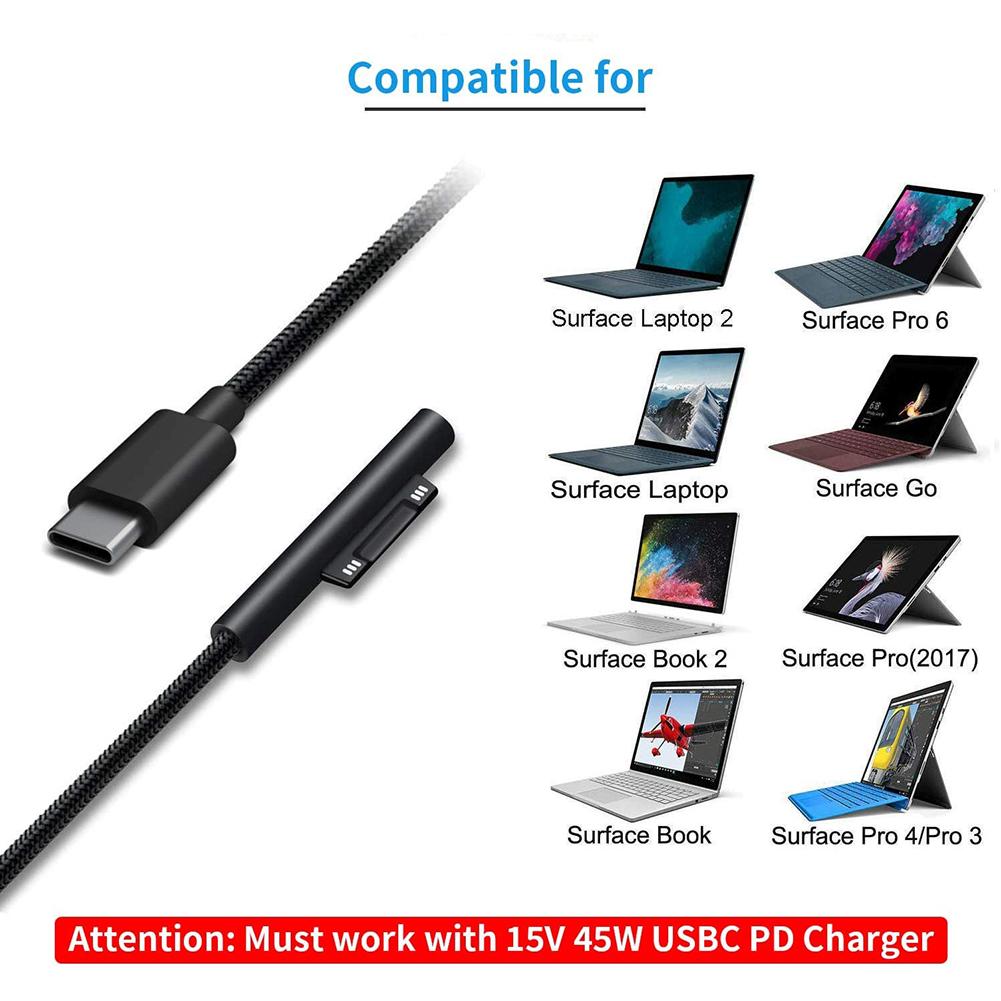 Draagbare Datakabel Pd Naar Type C Snelle Oplaadkabel Compact Zwart Usb Kabel Voor Surface Pro/Laptop