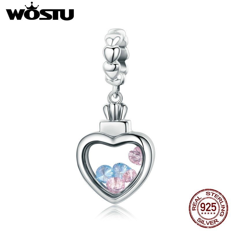 Wostu authentic 925 prata esterlina cor redonda cz pedra dentro da caixa de memória coração pingente apto para feminino pulseira colar cqc588