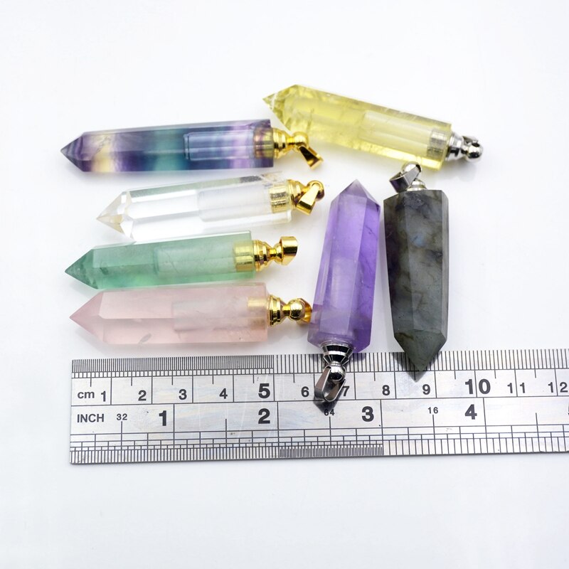 Gemas naturais pedra perfume garrafa pingente difusor de óleo essencial apontado fluorite ametistas cristal jóias hexágono prisma frascos