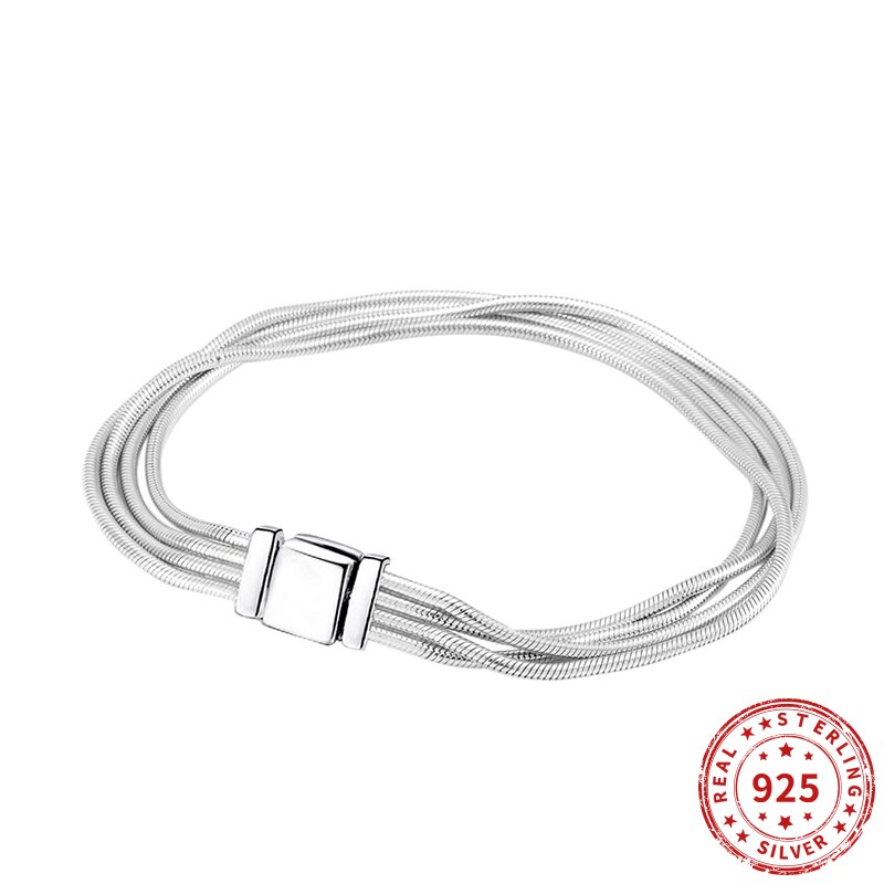 Genuine 925 sterling silver reflective multi-snake chain bracelet, fits original pan pearl charm, women's bracelet jewelry: 1 / 16cm