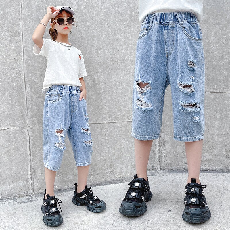 jugendlich Mädchen Kurze Jeans Elastische Taille Sommer Neue Ankünfte Koreanische Beliebte Dünne Denim See Zerrissene Hosen Für freundlicher 3-12 jahre