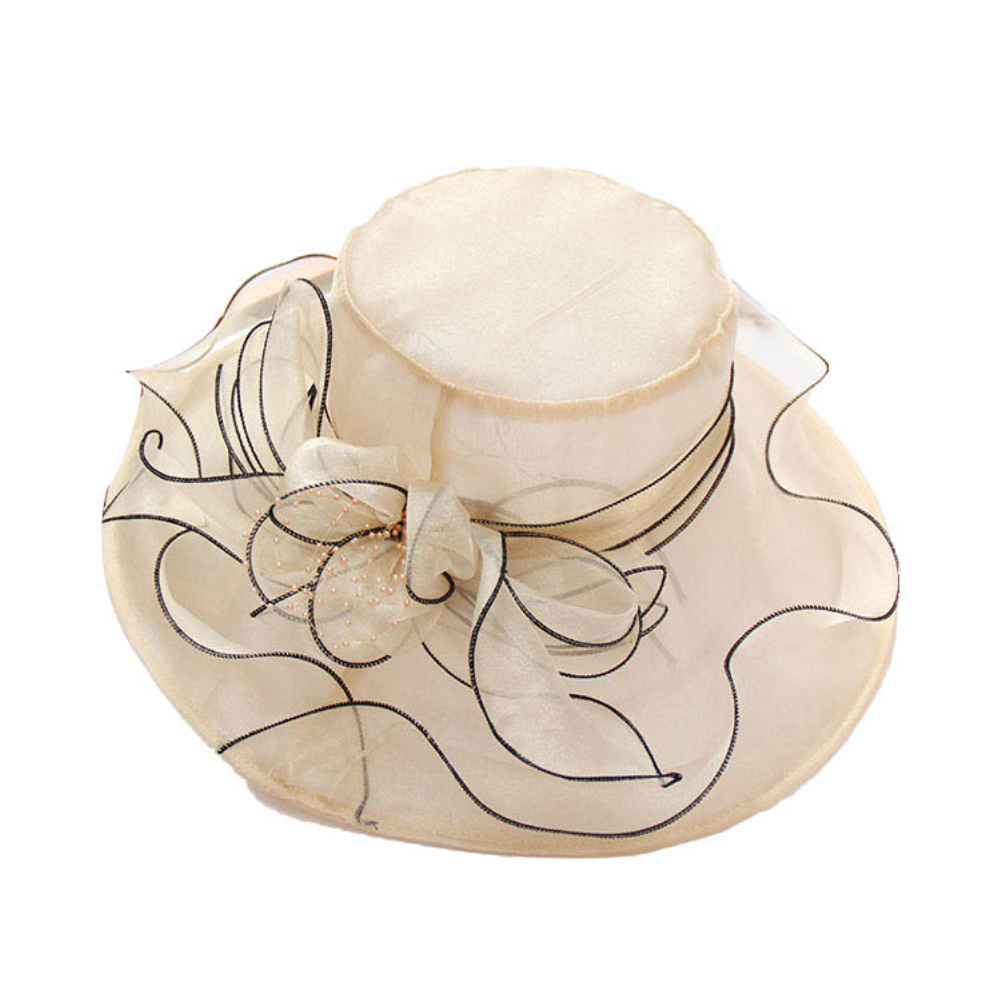 Sombreros elegantes de iglesia para mujer, gorros de fieltro de hilo de red Floral grande para mujer, sombreros de Sol de ala ancha de verano, gorros de fedora vintage: Beige B