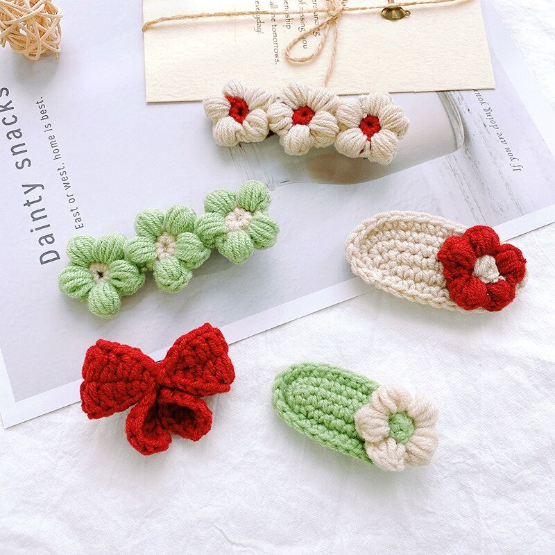 Horquillas con lazo de flores para bebé, pinzas para el pelo de lana tejidas a mano, accesorios para el cabello de niña pequeña, accesorios para el invierno