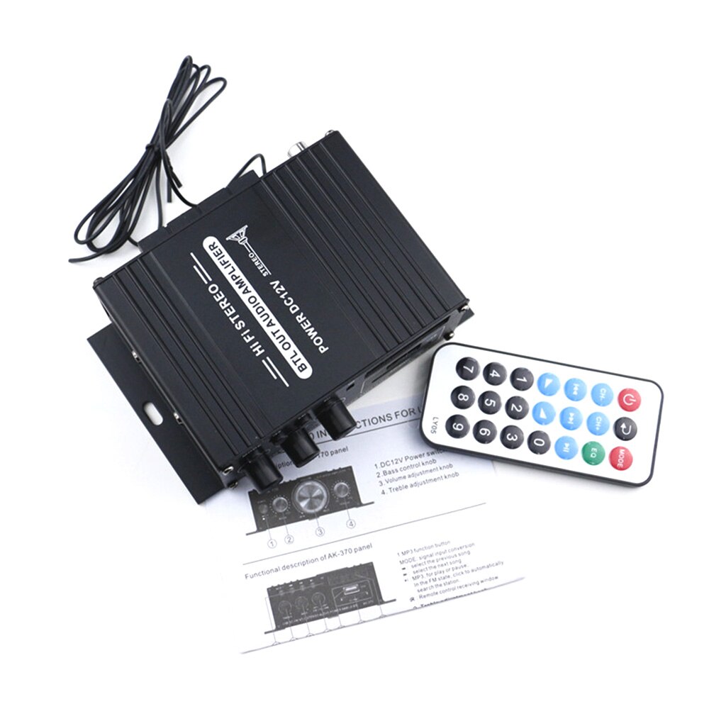 12V Car Audio Amplifier Bluetooth Out Hi-Fi MP3 Radio Stereo Bass Speaker Booster Player for Motorbike Home AK370