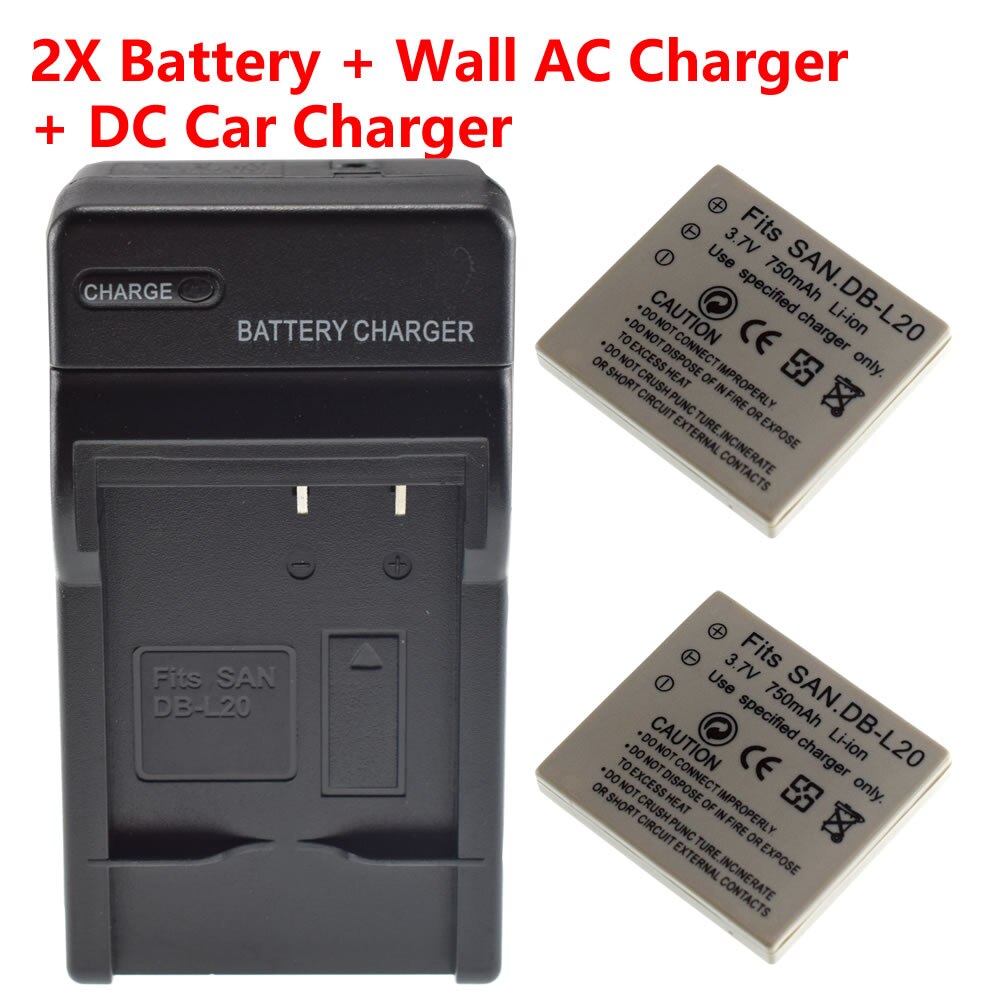 2x DB-L20 Battery + AC Wall Charger + Car Plug Sanyo VPC-CA65 CA8 CA9 CG6 CG65