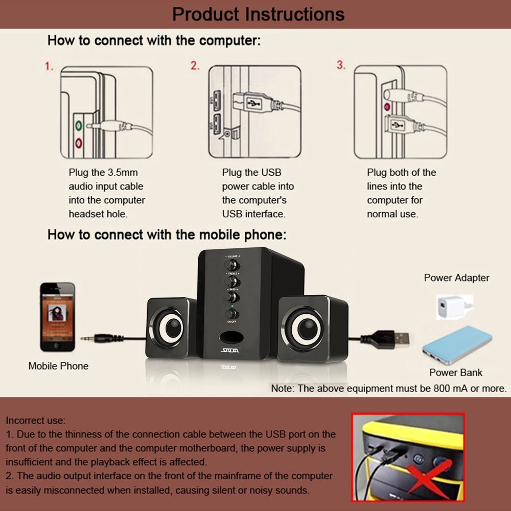 SADA D-202 Speaker USB Wired Combination Speakers Computer Speakers Bass Stereo Music Player Subwoofer Sound Box for Smart Phone