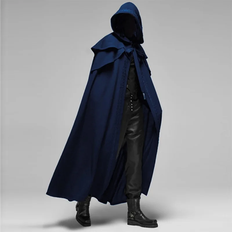 Fantasia Medieval Retro para Homens, Trajes de Cavaleiro, Pirata, Príncipe, Capas com Capuz Gótico, Roupas Longas, Jaquetas para Carnaval e Halloween: XXL / Azul