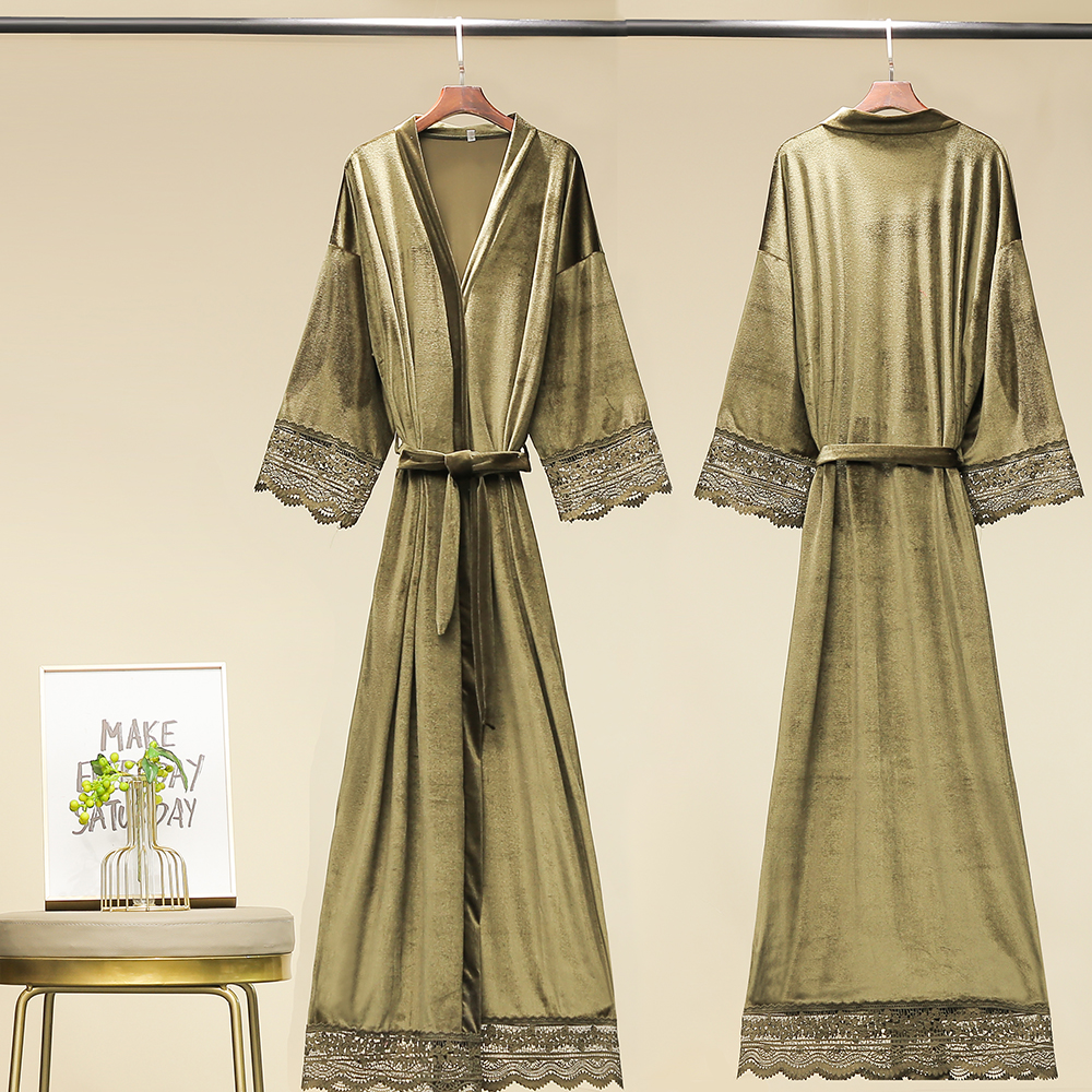 Długi jednokolorowy aksamitny szlafrok dla kobiet szata druhna szaty koronki wykończenia aksamitna szlafrok kimono suknia ślubna czarny aksamit winterrobe: sage zielony