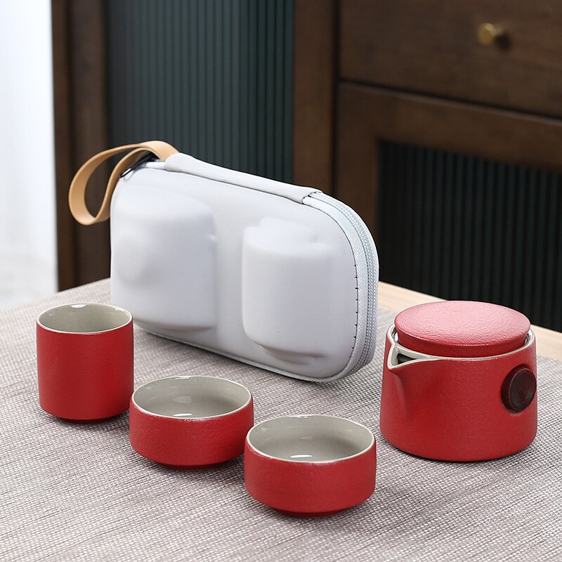 Tea Set One Pot Two Cup Set Porcelain Kung Fu Tea Set Storage Bag Teaware Portable Travel Ceramic: Red