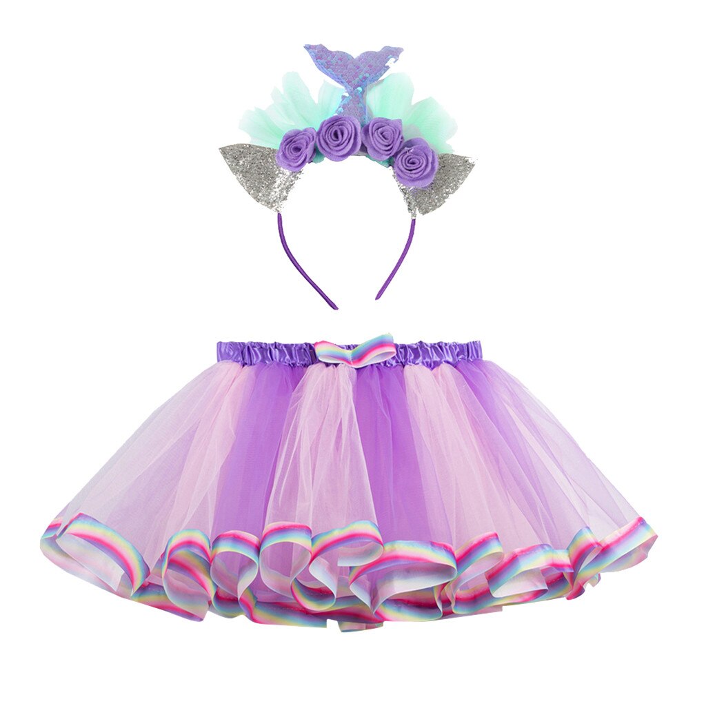 Baby piger tøj piger nederdel børn piger fest dans ballet kostume splejsning regnbue tyl nederdel + hårbånd piges dragter barnedragter: Lilla / 9-11 år