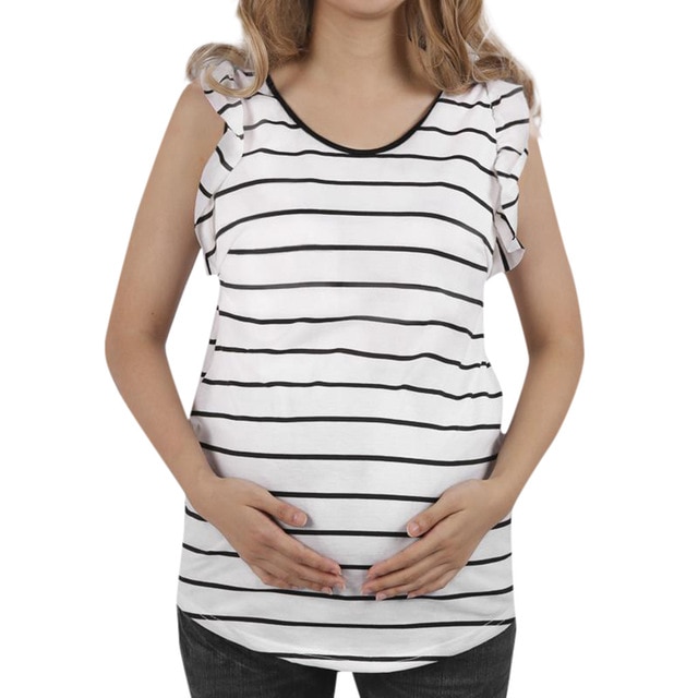 Sexy gestreepte korte mouwen zwangere vrouwen tops verstoorde borstvoeding zomer mode vrouwen kleding