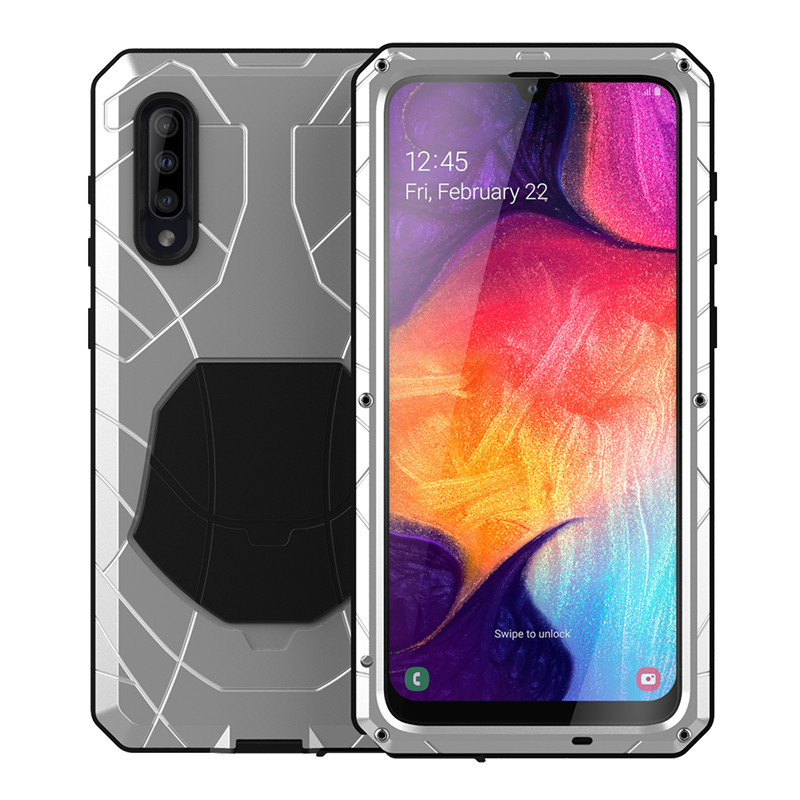 Für Samsung Galaxy A50 Telefon Fall Harte Aluminium Metall Gehärtetem Glas Screen Protector Abdeckung Heavy Duty Schutz Silicon Abdeckung: silver