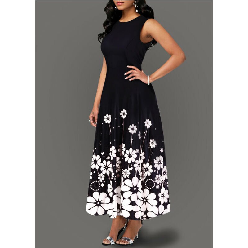 Dames boho bloemen lange vintage maxi-jurk avondfeest strand tuniek mouwloze jurk zomer