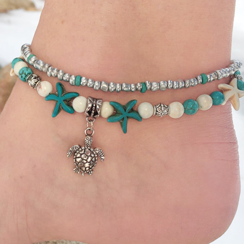 Bohemian Beaded starfish stone Anklet Bohemian women's silver chain bracelet leg beach ankle jewelry women's