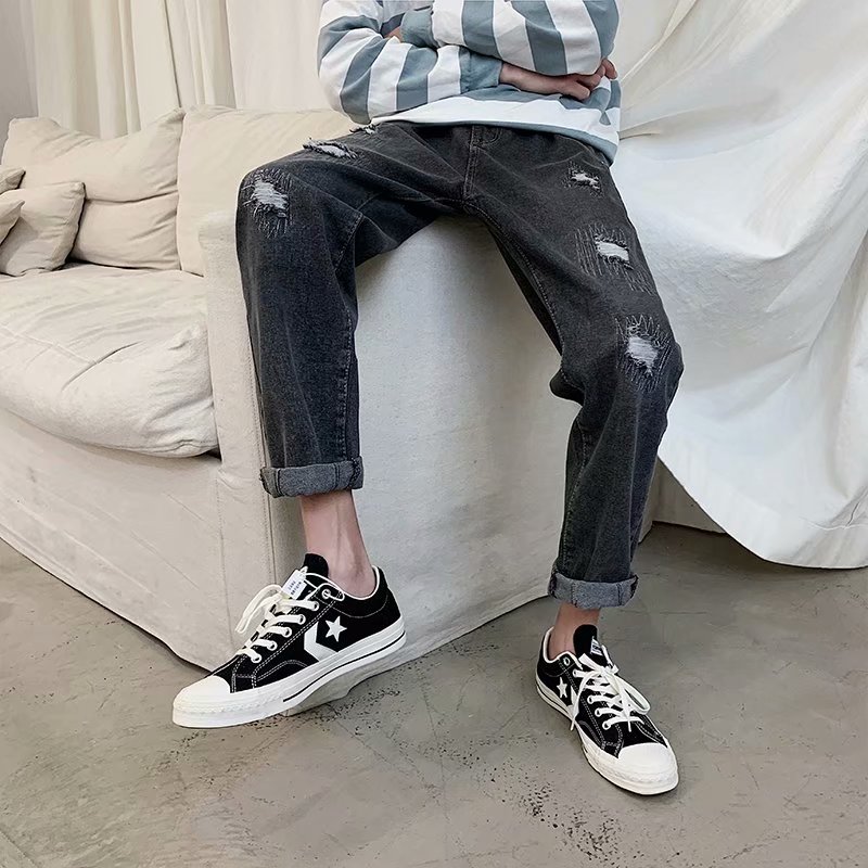 Hål jeans herr vår sommar höst tidvatten märke lösa vida ben pappa byxor herr trend vilda raka niopunkts byxor herr