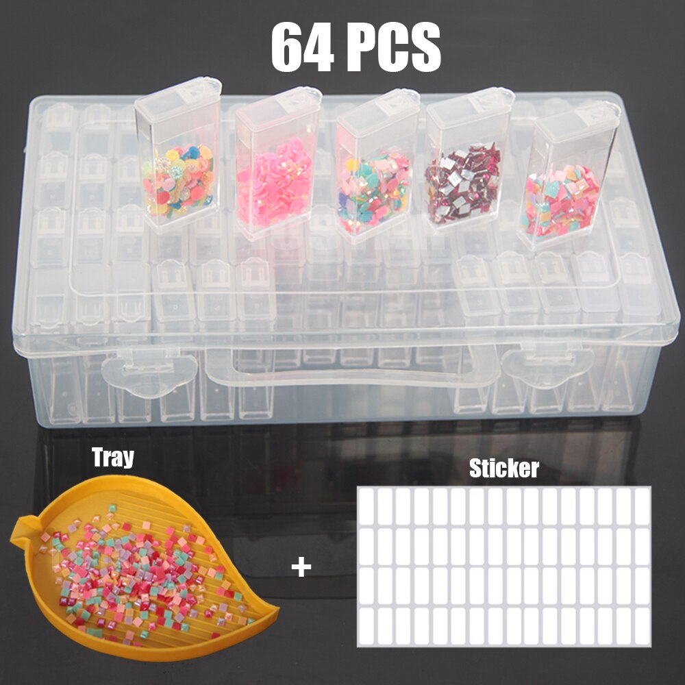 Caja organizadora de almacenamiento para pintura de diamantes, contenedor de cuentas, accesorios, herramientas, piedras, 56/64 piezas: 64 box